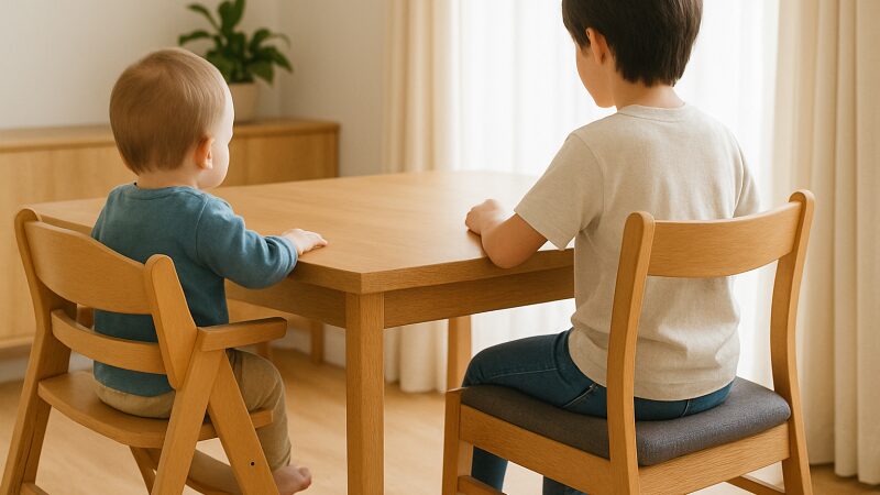 大人用椅子に移行する子供とクッションを使った工夫のイメージ