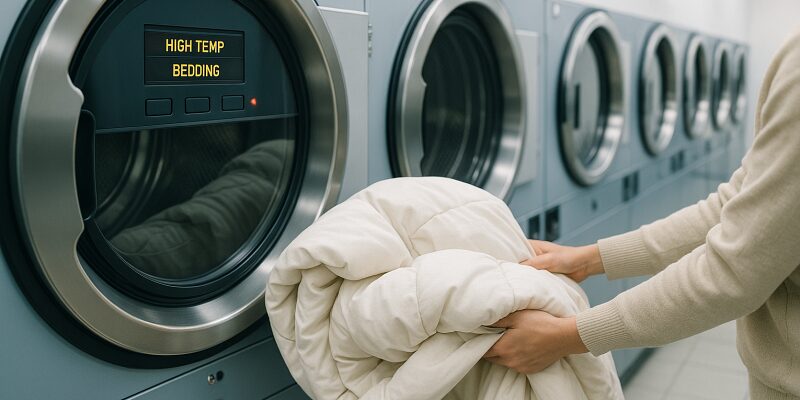 コインランドリーで業務用乾燥機を使って布団を乾燥している様子