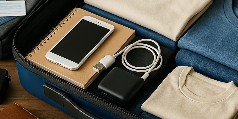 修学旅行用のキャリーケースに衣類やスマホ、充電器、財布などの基本アイテムを整理して詰めた様子