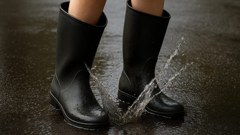 大きめサイズの長靴に隙間ができ、そこから雨水が入り込む様子