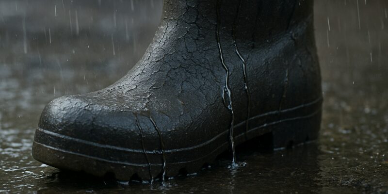 劣化した長靴のひび割れ部分から雨水が染み込む様子