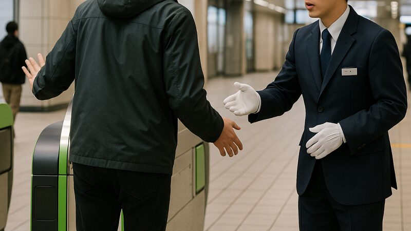 改札を通った後に出ようとする利用者と、それに対応する駅員