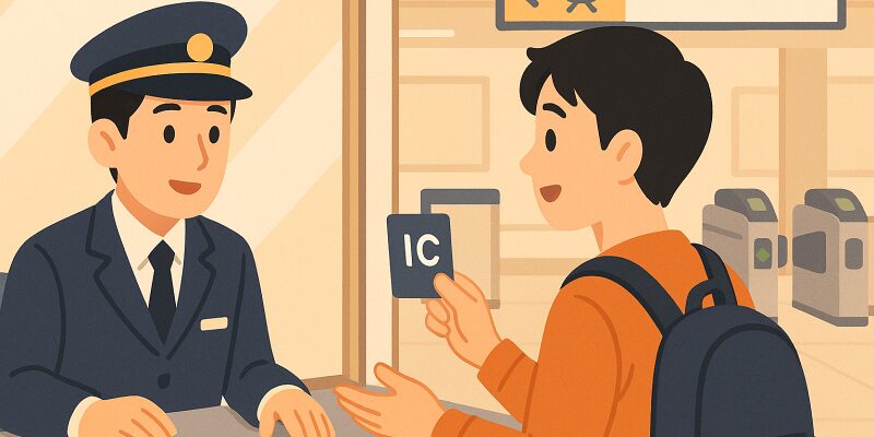 誤って改札に入った利用者が駅員に相談している様子