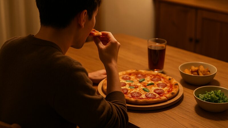 ピザハットのMサイズピザを一人で楽しむシーン