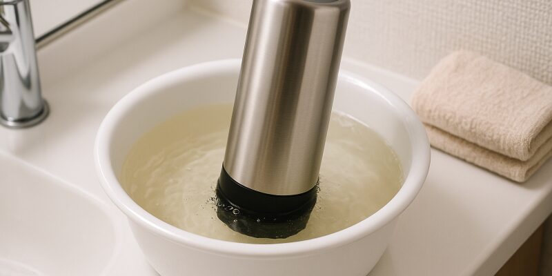 お湯に水筒を浸して蓋を開けようとしている様子と、蓋開けツールを使っている