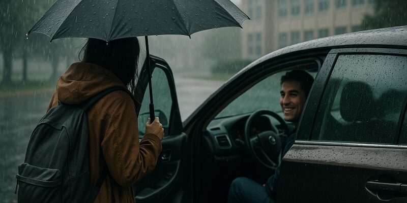 雨の中、車に乗せてもらう大学生の様子