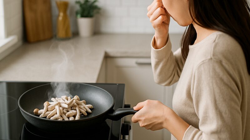 冷凍したしめじから立ち上る臭いに驚く調理中
