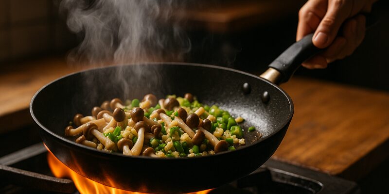 フライパンで冷凍しめじを香味野菜と一緒に炒める