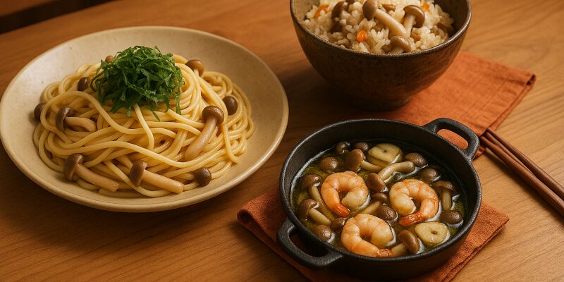 冷凍しめじを使った和風パスタ・アヒージョ・炊き込みご飯