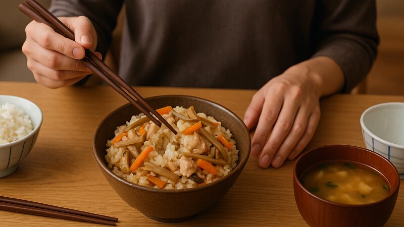 芯が残ってしまった炊き込みご飯を見て困る家庭の食卓