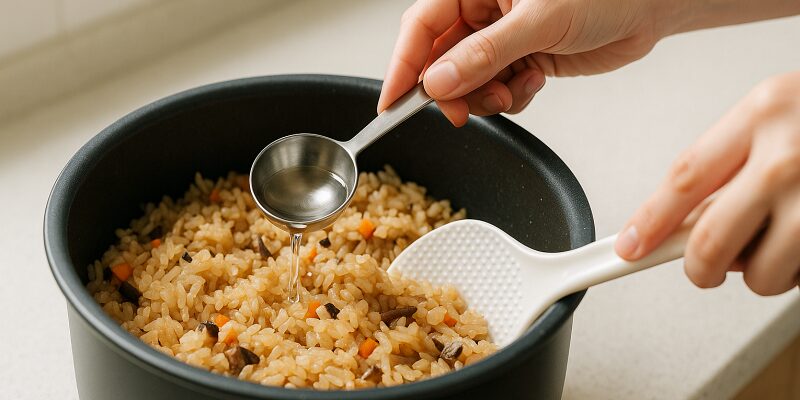 炊飯器で再炊飯中のご飯に水をふりかけている