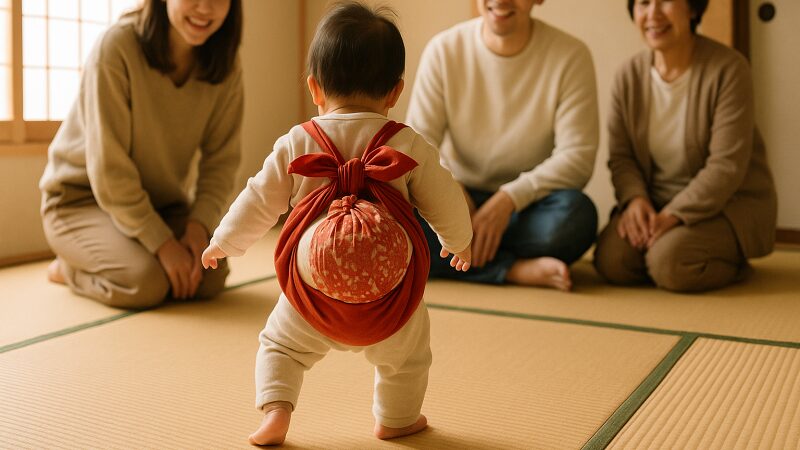 赤ちゃんが一升餅を背負って立とうとする
