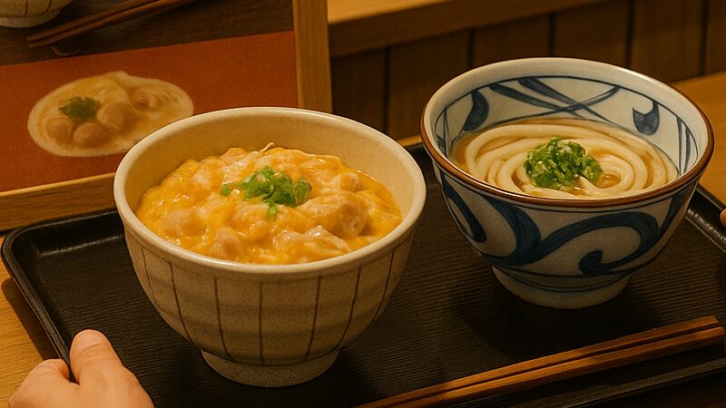 丸亀製麺の親子丼を楽しむ人々と、限定提供を示す店舗の様子