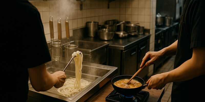 丸亀製麺での親子丼提供終了の背景を示す調理現場のイメージ