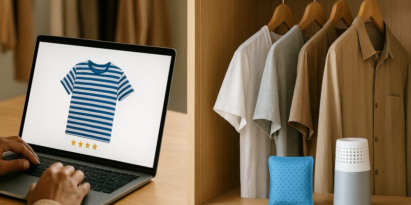 衣類購入時と保管時に注意すべきポイントを示したイメージ