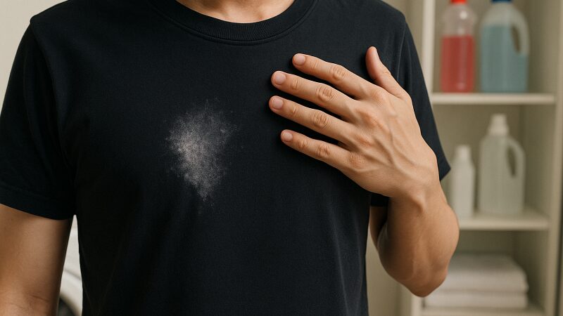 漂白剤で白くシミになった黒いTシャツと驚いた表情の人物の手元
