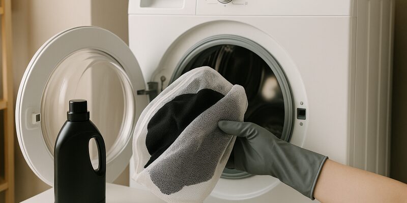 黒い服を単独で洗い、ネットに入れて洗濯する様子のイメージ