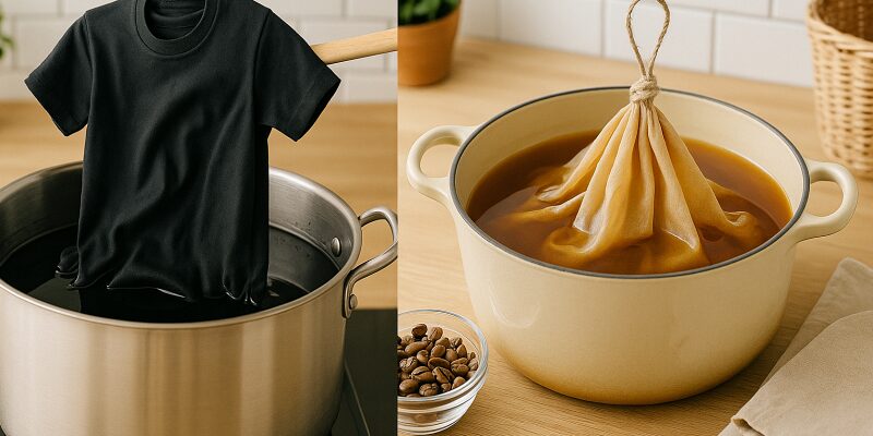 鍋で染め直す黒いTシャツと、ナチュラル素材で染色した様子の比較