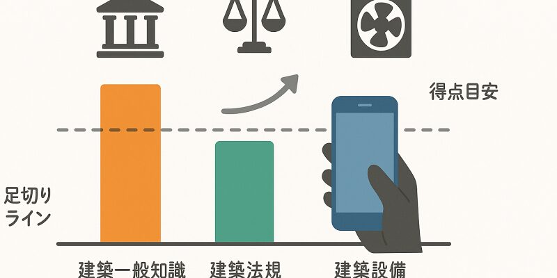 建築設備士一次試験の科目構成と学習戦略を示すイメージ図