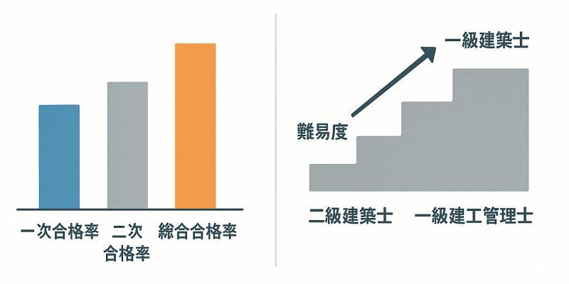 建築設備士試験の合格率や他資格との難易度比較を示すイメージ