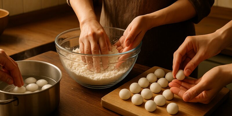 豆腐を使わない白玉団子の材料と調理工程がわかる手順イメージ。