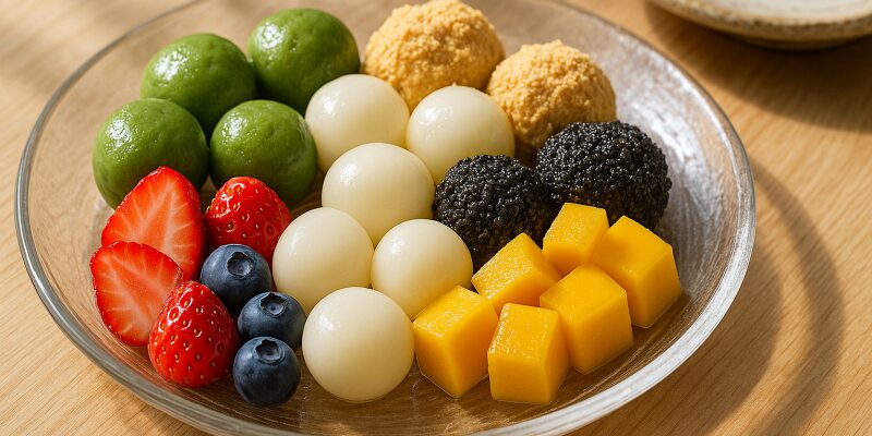 さまざまな素材と組み合わせた白玉団子のカラフルな盛り付け例。
