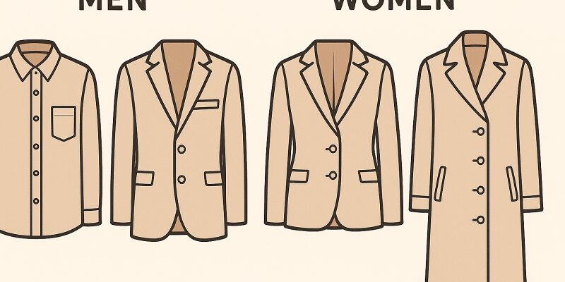 シャツやジャケットのボタン位置の違いを比較したイラスト。男女別の特徴が明示されている。