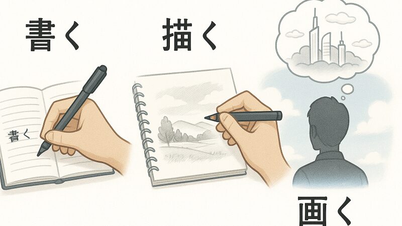 「書く」「描く」「画く」の3つの“かく”の意味と使い方の違いを説明する図解。