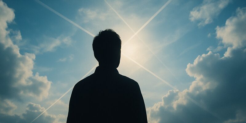 空に向かって理想を思い描く人物の後ろ姿。背景に大きく広がる空と雲、未来を想起させる光や幾何学的な構図が漂う。人物の顔は見せず、シルエット調で演出。詩的かつ哲学的な雰囲気、16:9構図。