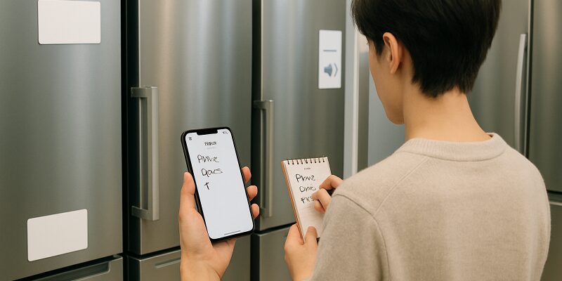冷蔵庫の購入を検討しながら注意点をメモする様子