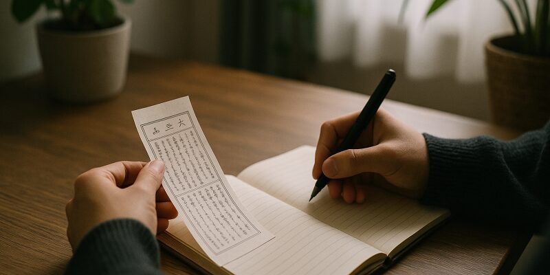 おみくじを手に静かに向き合う様子と心の整理を示す穏やかな風景