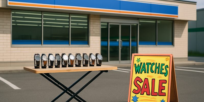 セブン、ローソン、ファミマのコンビニ前に並ぶ腕時計販売のイメージ比較