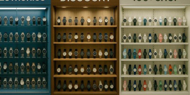 家電量販店やドンキ、100均で腕時計を選ぶ売場風景の比較
