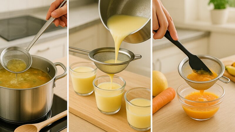 家庭料理の中で濾し器を使う代表的なシーンを示すイメージ図