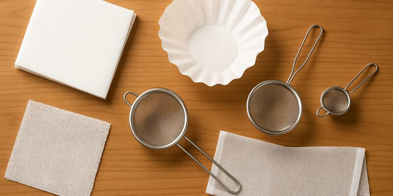 濾し器の代用品として使える日用品（キッチンペーパー、コーヒーフィルター、茶こしなど）を並べた写真
