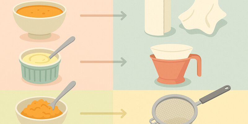 料理や食材別に適した濾し器代用品をマッチさせたチャート風イメージ