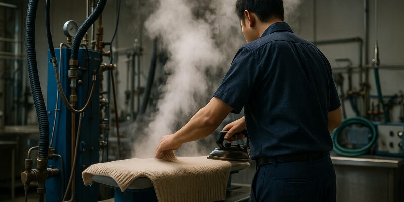 クリーニング店でスチームや専用機器を使ってニットをケアする様子