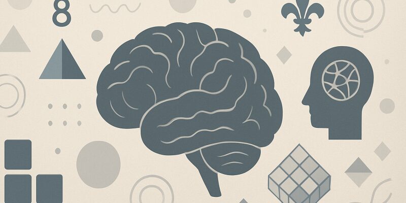 IQの定義や測定項目を象徴する抽象的な脳と図形の構成イメージ