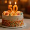 誕生日ケーキに年齢や記念年数を表す本数のろうそくが立てられた演出例