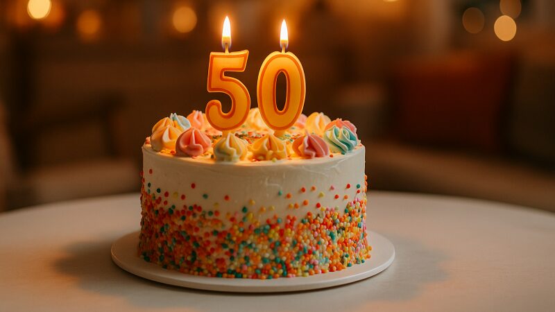 誕生日ケーキに年齢や記念年数を表す本数のろうそくが立てられた演出例