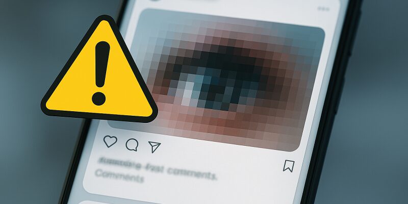 モザイク機能の限界や注意点を象徴する「注意マーク」と投稿画面風の構成