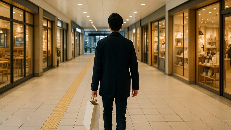 ICカードで改札を通り、駅ナカ施設でショッピングを楽しむ人の後ろ姿のイメージ