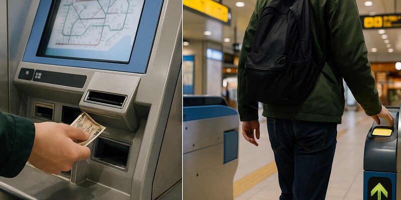 入場券を購入して改札機を通る手元の操作と駅構内の雰囲気を描いたイメージ