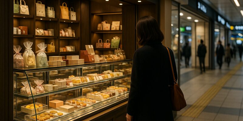 駅ナカ限定のスイーツや雑貨を眺める人の後ろ姿とショーケースのイメージ