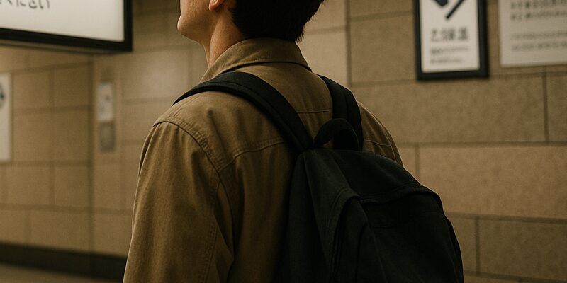 改札の利用に関する案内板を見上げる人物と、駅構内のわかりやすい掲示