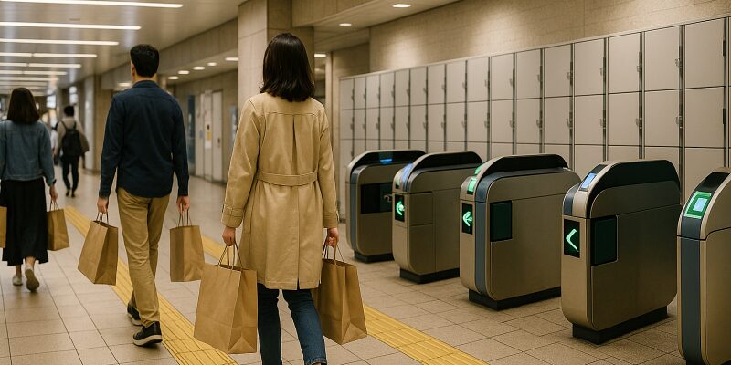 駅ナカで買い物を楽しむ人々と、コインロッカーや案内表示を活用する様子