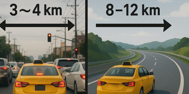 一般道と高速道路で異なる10分間のタクシー移動距離の比較図
