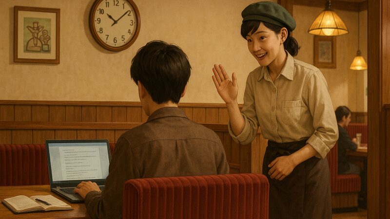 コメダ珈琲での勉強中に時間を気にする様子を描いたイメージ