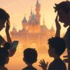 ディズニーでレストラン予約を忘れてしまい焦る家族の様子を描いたイメージイラスト