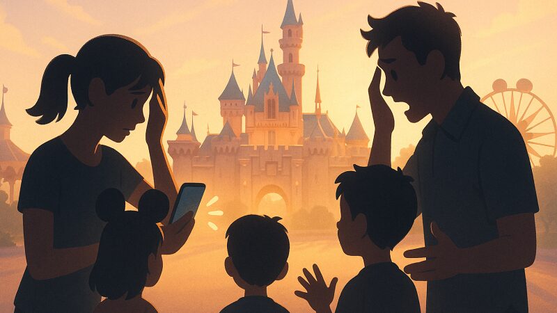 ディズニーでレストラン予約を忘れてしまい焦る家族の様子を描いたイメージイラスト